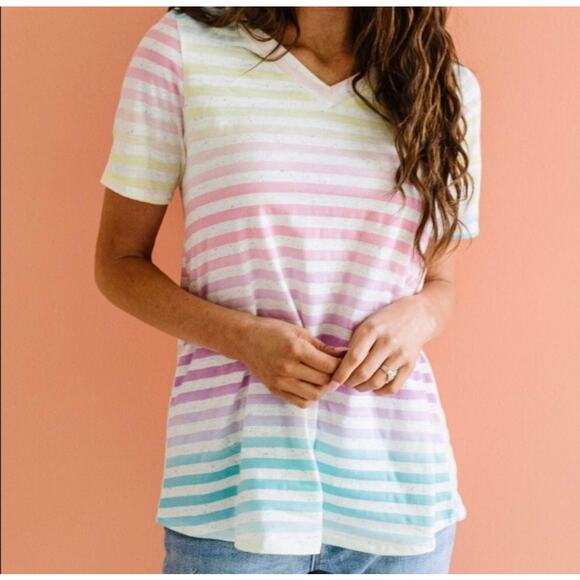 Perfect Peach Medium Short Sleeve T-Shirt Tee Longer Length Colorful Stripe - Picture 6 of 7
